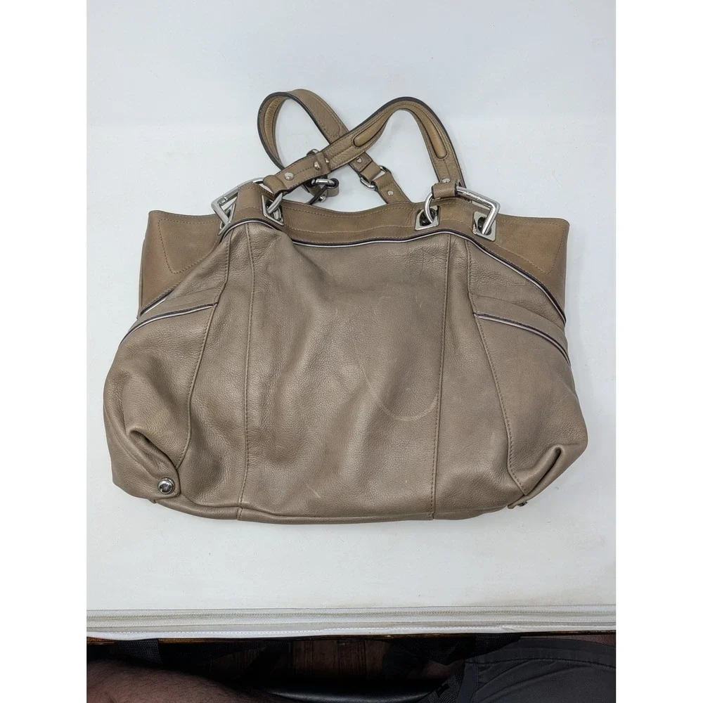 B. Makowsky Taupe Leather Hobo Bag Leopard Print Lining Silver Hardware Large